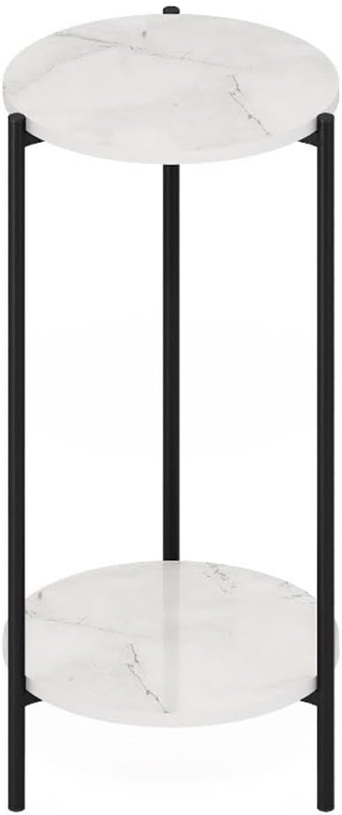 Pemberly Row 2-Tier Modern Round End Table, 11.57 x 11.57 x 23.62 Inches, Composite Wood and Sturdy Metal Legs, White Marble Finish, Space-Saving Design for Living Room or Bedroom