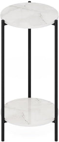 Pemberly Row 2-Tier Modern Round End Table, 11.57 x 11.57 x 23.62 Inches, Composite Wood and Sturdy Metal Legs, White Marble Finish, Space-Saving Design for Living Room or Bedroom