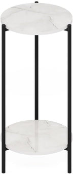 Pemberly Row 2-Tier Modern Round End Table, 11.57 x 11.57 x 23.62 Inches, Composite Wood and Sturdy Metal Legs, White Marble Finish, Space-Saving Design for Living Room or Bedroom