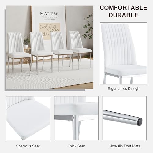 Upholstered Dining Chairs Set of 4, Mid-Century Modern Leather Dining Room Chair with Metal Legs & Padded Seat, Stylish Elegant Living Room Accent Chair (White-Silver, Set of 4)
