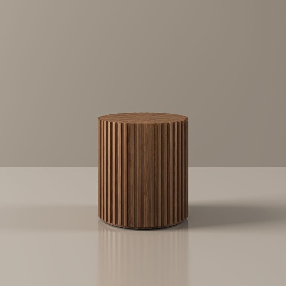 POVISON Fluted Side Set of 2, 20.08" Round End Side Table with Fluted Design for Living Room Bedroom Office, Light Walnut