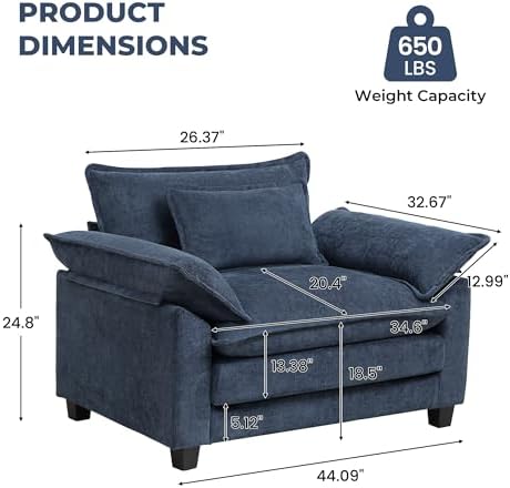 Modern Oversized Accent Chairs Set of 2,Chenille Cloud Sofa Chair with Deep Seat,Upholstered Armchair with Extra Thick,Comfy accent chairs Reading Chairs for Living Room Bedroom Apartment BLUE