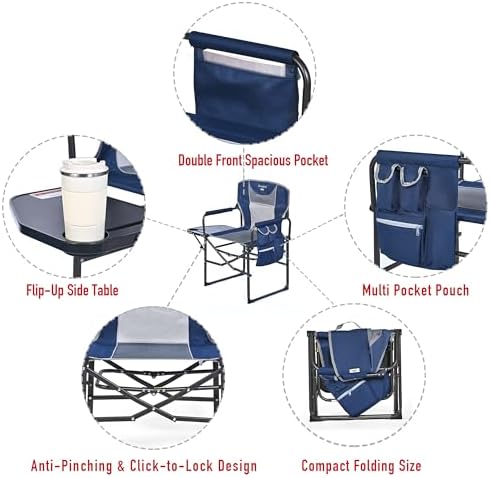 SUNNYFEEL Oversized Camping Chair Portable Directors Chairs with Side Table | Heavy Duty Folding Lawn Chair for Adults 300LBS with Compact Size, Breathable Mesh, Pocket & Carry Bag for Outdoor, Lawn, RV
