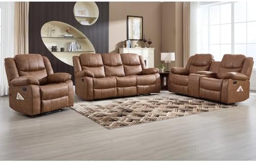 EBELLO 3 Pieces Faux Leather Recliner Sofa Furniture Set, Includes a Manual Reclining 1 Seat Chair, a Loveseat and a 3 Seat Couch, with Cup Holders and Storage for Living Room, Brown