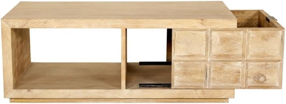 Pemberly Row 3Pc Wood Cocktail and End Table Set, Bleached Natural Finish, Mango Wood, Includes Storage Drawers and Shelves, Rectangular Coffee Table with Casters, Living Room Furniture Set