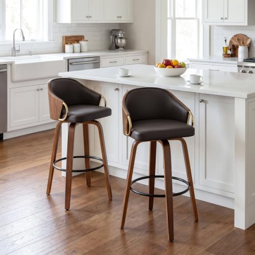 24.8" Swivel Counter Height Bar Stools Set of 2,Brown Leather Barstools Mid Century Modern Bar Chairs with Wood Legs and Golden Arms for Kitchen Dining Pub Cafe