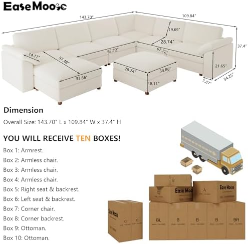 EASE MOOSE Oversized Sectional Modular Sofa,Comfty U Shape Sectional Modern Deep Seat Couch,White Modular Cloud Couch