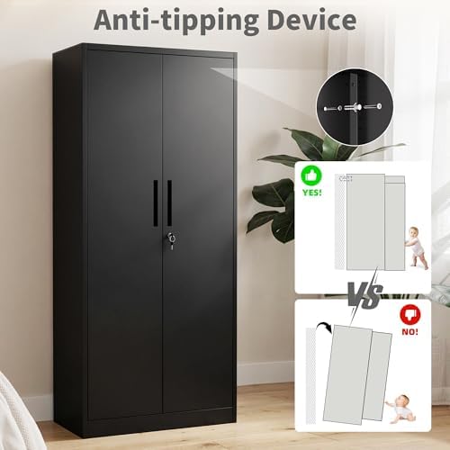 Metal Storage Cabinet with Lock, 71"H Garage Storage Cabinet, Black | Storage Cabinet with 2 Doors and 4 Adjustable Shelves, Steel Locking File Cabinet for Garage Office Home, 71"H x 16"D x 32"W