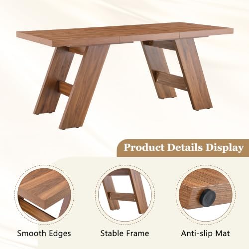 71" Farmhouse Dining Table Set for 6, Rectangular Rustic MDF Wooden Kitchen Table with Stable A-Frame Base & Anti-Slip Pads, Walnut