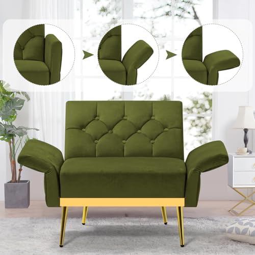 Velvet Sofa Set w/Adjustable Armrests & Backrests, Olive Green | Tufted Accent Chair w/Ottoman & Convertible Futon Sofa Bed, 2 Pieces Comfortable Couch Set for Living Room, Apartment