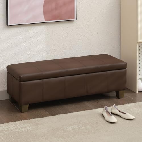 51 Inch Storage Ottoman, Storage Bench with Safety Hinge, Upholstered Synthetic Leather Ottoman Bench for Bedroom, Living Room, Entryway, Hallway, Foot Rest, Support 500lbs, Brown