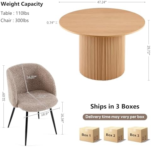NORDICANA 5-Piece Wooden Round Dining Room Table and Chair Set, 47-Inch Kitchen Table with Barrel Chairs for 4, Brown Upholstered Sherpa Dining Set, MDF Core with Oak Finish