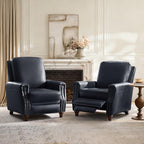 HULALA HOME Genuine Leather Manual Recliners Set of 2 with Wood Legs, Navy | Mid Century Modern Push Back Recliner with Nailhead Trim, Adjustable Backrest & Footrest, for Living Room Home Theater
