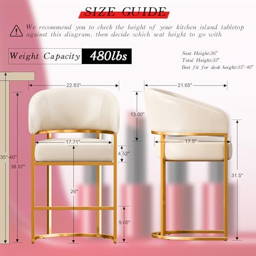 Modern Counter Height Bar Stools,Bar Stools Set of 3,PU Leather Upholstered Barrel Barstools with Backs,26" Kitchen Island Chairs,Metal Gold Frames,Support 480 LBS,Beige White Leather