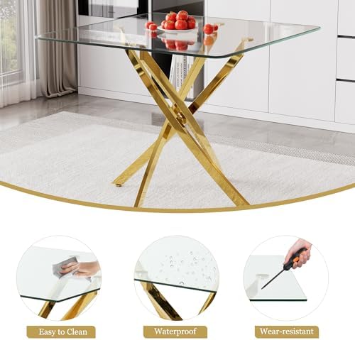 36 Inch Dining Table Set for 4, Modern Square Tempered Glass Top, Gold Finish Stainless Steel Legs Table and PU Leather Chairs for Dining Room, Living Room, Kitchen, Beige with Gold Base