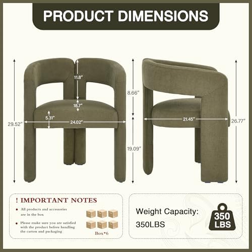 adochr Modern Barrel Dining Chairs Set of 6, Upholstered Linen Dining Room Chair with Wooden Legs, Accent Chairs with Arms, Comfy Side Armchairs for Kitchen/Dining Room/Living Room, Green