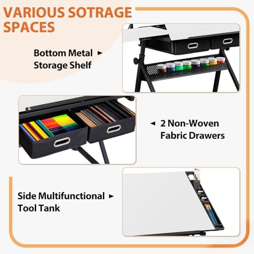 SUPER DEAL Adjustable Drafting Table Set with Charging Station, Tilting Drawing Desk Artist Desk with Stool Multifunctional Art Craft Workstation with 2 Storage Drawers, White