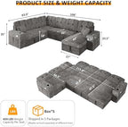Modular Sectional Sleeper Sofa with Pull Out Bed, 108 Inch U Shaped 7 Seat Couches for Living Room, Chenille Fabric Cloud Couch Bed with Storage & Reclining Backrest, USB Charging, Grey
