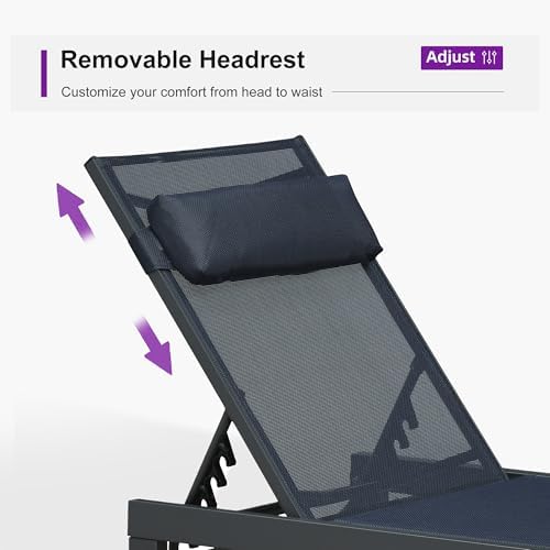 PURPLE LEAF Outdoor Chaise Lounge Set of 3 Pool Lounger Pillow, Navy Blue | Lightweight aluminum frame, Fade-resistant textilene fabric, Wheels for easy movement, 5 Adjustable positions, Easy assembly