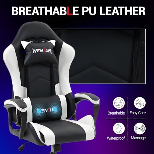 Gaming Chair PU Leather Massage PC Video Game Chair with Lumbar Support for Men Women, Home Office, Height Adjustable, Ergonomic, High Back, White