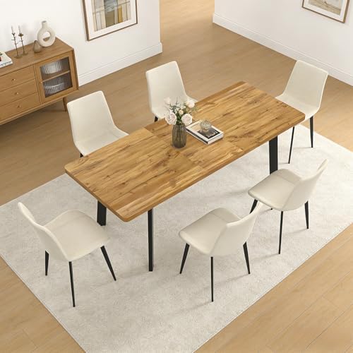 63"-78.7" Expandable Dining Room Table Set for 4-8 People, Walnut | Removable Extension Leaf, Durable MDF Rectangle Top, 6 Beige Sleek Faux Leather Chairs, Heavy Duty Modern Kitchen Table Set