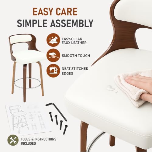 ClinQ 26" Counter Height Barstool Set of 2，Bentwood Leg and Back，White | 360° Swivel Barstool | Faux Leather Upholstered Seating | Ergonomic Backrest | Mid Century Style | Kitchen & Restaurant Use