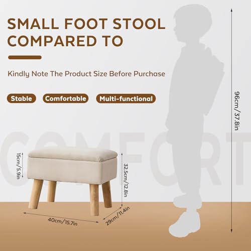 Storage Ottoman, Small Foot Stool Ottoman with Storage, Linen Foot Rest with Wood Legs, Footstool for Living Room, Bedroom, Entryway, Beige