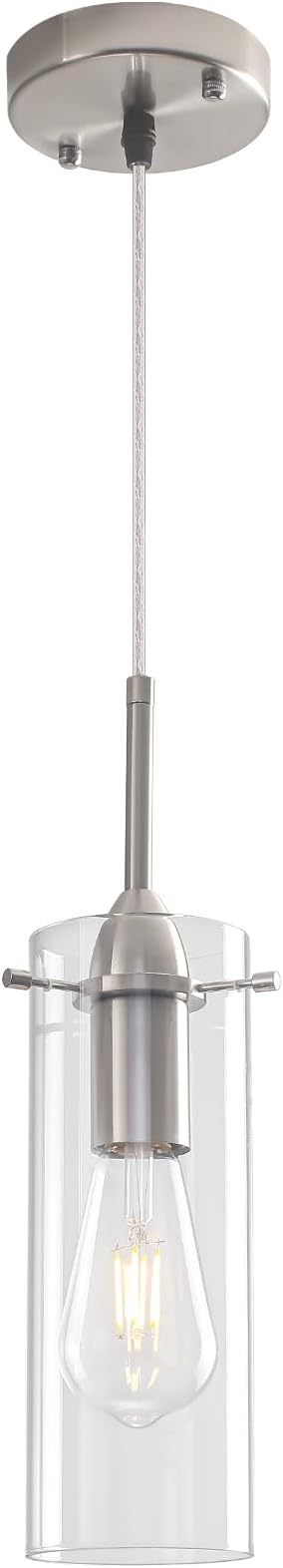 Brushed Nickel Pendant Lights Kitchen Island 1 Pack, Glass Pendant Light, Modern Clear Glass Pendant Light Fixture, Hanging Pendant Lights for Kitchen Island Dining Room Bar