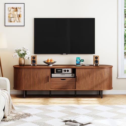 ONBRILL 69" TV Stand with Power Outlet for TVs up to 80", Walnut | Entertainment Center with Storage and Drawer TV Console w/ Adjustable Shelves & Sliding Door TV Stand for Living Room Bedroom