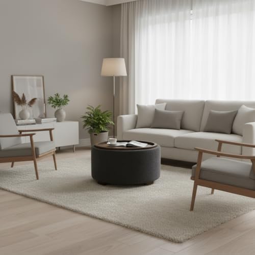 Zihanhome 30 Inch Round Storage Ottoman, Ottoman Coffee Table with Lift Off Lid, Boucle Modern Ottomans with Storage for Living Room, Bedroom, Apartments (Grey)