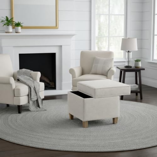 Homepop Home Decor | K7342-F2067 | Classic Square Storage Ottoman with Lift Off Lid | Ottoman with Storage for Living Room & Bedroom, Cream Woven