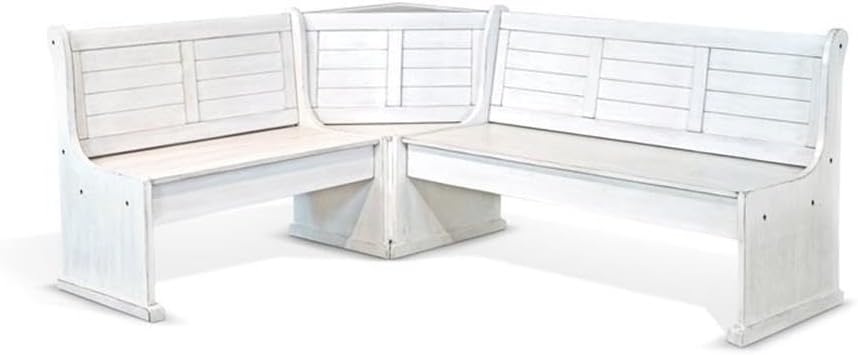 Pemberly Row 75" x 56" Farmhouse Wood Breakfast Nook Set with Table, Storage, Reversable Benche, L-Shaped Corner Bench, for Dining Room, in Marble White Finish