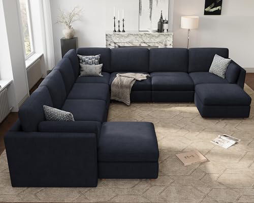 Oversized Modular Sectional Sofa U-Shaped Cloud Couches Blue | 9 Seater Large Deep Seat Couch Luxury Sectional Couches for Living Room, Solid Wood Frame, Removable Washable Cover