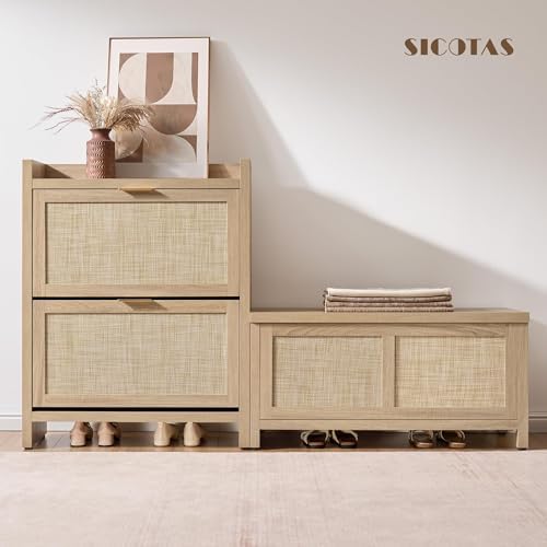 SICOTAS Rattan Storage Chest 39.4" Storage Bench for Bedroom | Modern Boho Storage Truck with 2 Safety Hinges and Flip Top for Living Room Entryway, Supports 220 lb, Light Oak