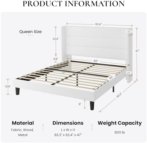 SHA CERLIN Queen Size Velvet Bed Frame with Wingback Headboard/Upholstered Platform Bed with Wooden Slats/Mattress Foundation/No Box Spring Needed/Easy Assembly/White