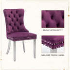 Velvet Dining Chairs Set of 4, Tufted Upholstered High Wingback Chairs with Nailhead Trim & Pull Ring, Silver Stainless Steel Legs for Dining Room, Sillas de Comedor, Purple