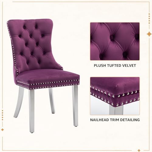 Velvet Dining Chairs Set of 4, Tufted Upholstered High Wingback Chairs with Nailhead Trim & Pull Ring, Silver Stainless Steel Legs for Dining Room, Sillas de Comedor, Purple