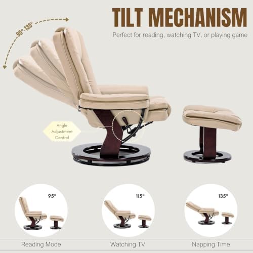 Swivel Recliner Chair with Ottoman Reclining Lounge Sofa Footrest, Set of 1 | 360°Sturdy Wood Base, Soft Faux Leather, Upholstered Ultra-Plush Foam, Modern Armchair, Living Room Bedroom Office Reading