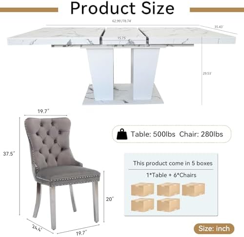 63"-78.74" White Faux Marble Extendable Dining Room Table Set for 6, 7-Piece Dining Table Set with 6 Chairs, Rectangle Wooden Expanding Kitchen Table and Grey Upholstered Chairs Set