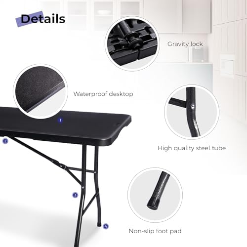 Folding Table 6ft, Heavy Duty Portable Utility Table with Handle, Black | Fold-in-half Design,Easy Storage,HDPE Top,Sturdy Legs,330lbs Support,Indoor Outdoor Use for Dining,Parties,Picnic