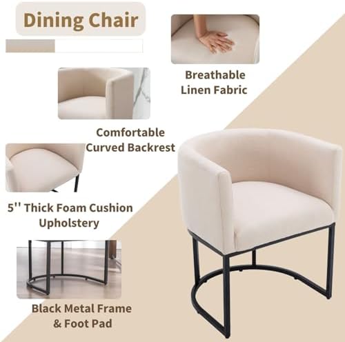HNY Mid Century Modern Upholstered Barrel Dining Chairs with Arms Set of 2, Linen Kitchen & Dining Room Chairs, 18.5" Wide Accent Chair for Dining Room Living Room with Black Metal Frame, Cream