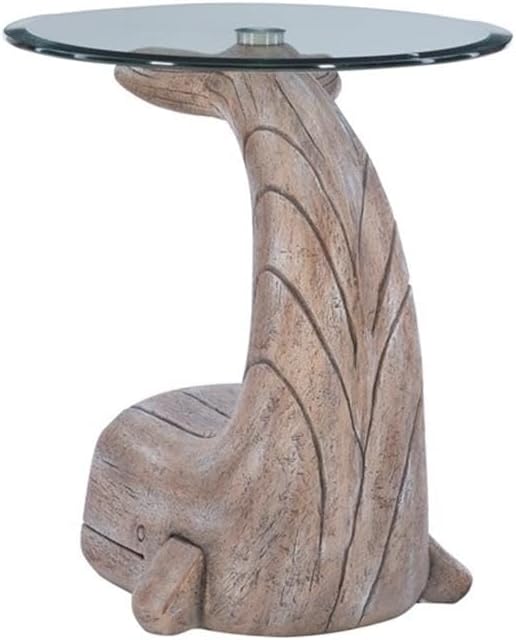 MAKLAINE Whale Sculptured Accent Table, 23 in Tall, Resin Base with Driftwood Finish, 20 in Beveled Glass Top, Rustic Side Table for Living Room or Bedroom Decor
