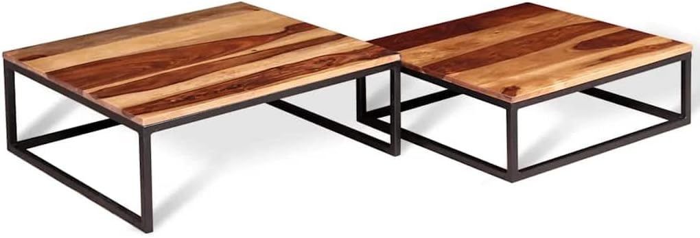 2 Piece Nesting Coffee Table Set Solid Acacia Wood | Retro Industrial Style, Metal Frame, Space Saving, for Living Room Bedroom