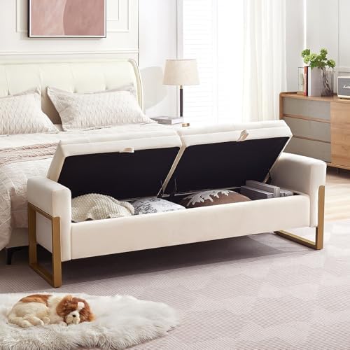 67" Storage Bench for Bedroom, End of Bed Bench King Size, Cream | Double Lids Storage Ottoman Bench with Golden Legs, Upholstered Velvet Bench for Foot of Bed Window Living Room Entryway