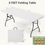 Folding Table 6 Pack, 6 FT Foldable Plastic Table with Carrying Handle, Heavy Duty Portable Fold-in-Half Utility Table for Party, Camping, Banquet, Craft, Wedding, Indoor & Outdoor Use