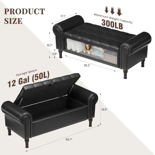 YOUDENOVA 51” Ottoman with Storage, Upholstered Storage Ottoman Bench with Rolled Arms, PU Leather Storage Bench for Bedroom, Living Room, Entryway, Black