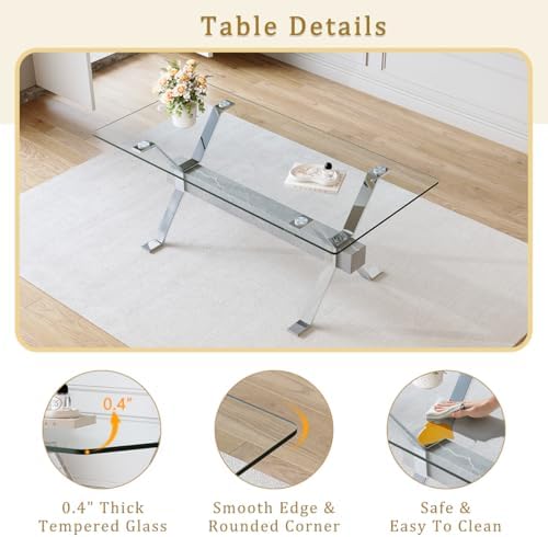 71" Glass Dining Table Set for 6｜Modern Dining Table Set for 6 with Faux Leather Chairs｜0.4" Thick Tempered Glass Tabletop｜Silver Chrome Metal Legs with Grey Crossbar｜Easy Assembly