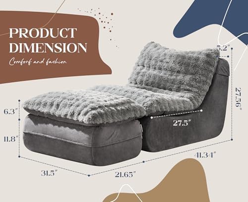 Hobestluk Small Couch Sofa Chaise Lounge Chair Recliner Chair with Footrest | Ergonomic Design,Fluffy Fabric,Multi-Functional Ottoman,No Assembly,Lounge Chair Indoor Living Room Apartment | Grey Single
