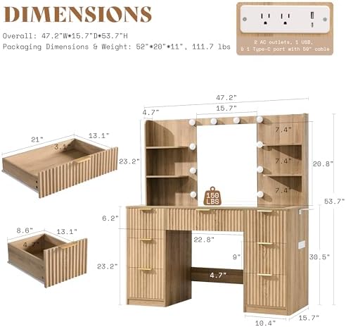 AMERLIFE 47.2" Fluted Vanity Desk with Mirror and Lights, Natural Oak | Large 7 Drawers Wood Makeup Vanity Table with Glass Top and Charging Station for Women and Girls, Bedroom or Dorm