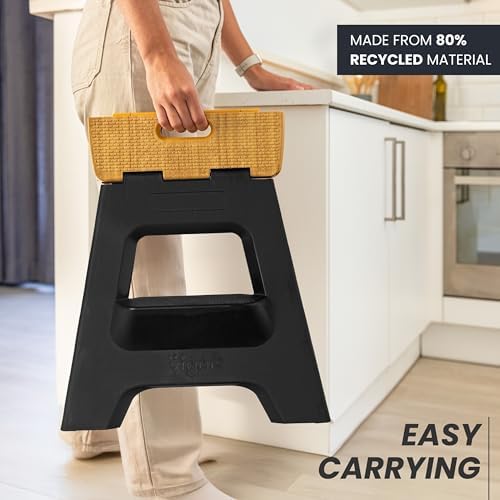 Vigar Compact Folding Step Stool, 16 in 2 Step, Black Bamboo Print | 16 in Foldable Stool, Lightweight Portable Design, Handle, Non Slip Surface, Space-Saving, Supports up to 330 lb